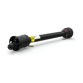 Introducing the Sparex PTO Shaft - WWCV Wide Angle, a black machinery component with yellow warning labels on either end. This driveshaft or power take-off (PTO) shaft part features universal joint dimensions and boasts an AW21/CAT3 HP rating @ 540RPM. Measuring 1010mm in length, it is designed with a 1 3/8'' x 6 Spline 80° W.A. to a 1 3/8'' x 6 Spline Q.R., product code S.20211.