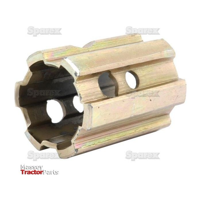 A hex-shaped metal coupler with multiple holes and grooves, compatible with the Sparex PTO Sleeve Increaser - Female spline 1 1/8'' - 6 x Male spline 1 3/8'' - 6 with - S.250.