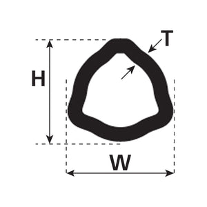 A black outline of an irregular hexagonal shape, resembling the PTO Tube - Triangle Profile (12504) with a length of 1 meter from Sparex (Sparex Part No. S.24813), labeled with dimensions for height (H), width (W), and thickness (T).