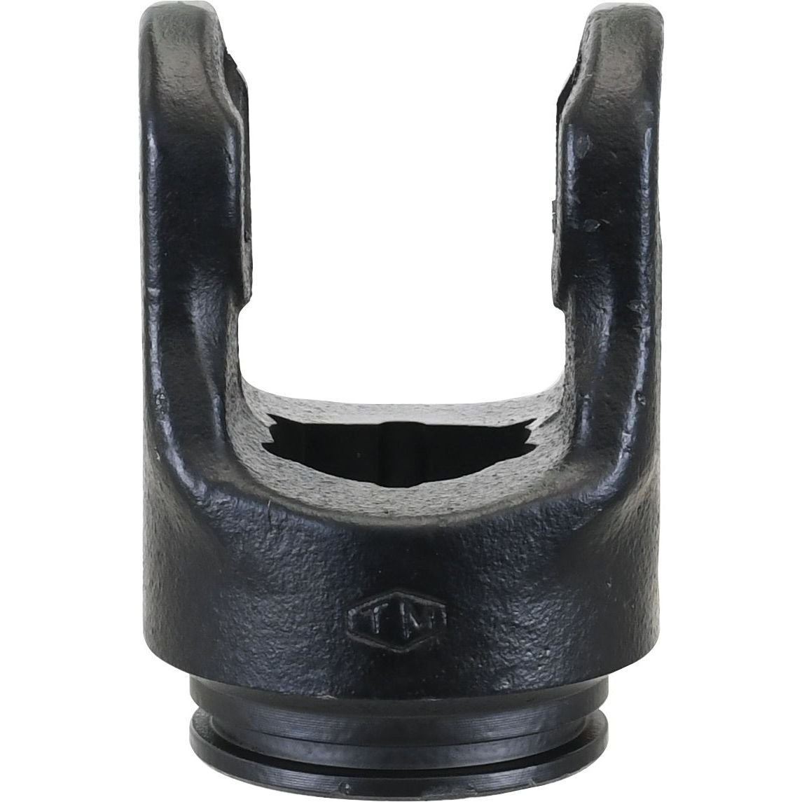 A black, cast iron mechanical part with a U-shaped structure and a threaded base, specifically designed for PTO Series AW22/W220 applications. This is the Sparex PTO Tube Yoke (U/J Size: 30.2 x 92mm) Profile: Star, Size: 51 x 37mm, Ref: S4. | Sparex Part No.S.6052.