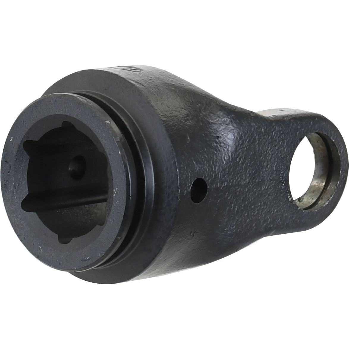 The Sparex PTO Tube Yoke (U/J Size: 30.2 x 92mm, Profile: Star, Size: 51 x 37mm, Ref: S4), part number S.6052, is a black metal mechanical component with a cylindrical opening on one end and an attachment hole on the other, ideal for PTO Series AW22/W220 applications.