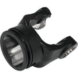 Close-up of the PTO Tube Yoke by Sparex, featuring a black metal construction with a circular opening and two arms. This component, with universal joint dimensions of 35 x 94mm, is designed for mechanical applications such as connecting rotating components. Its triangular profile measures 45 x 45 x 5.5mm, ensuring compatibility across various systems (Ref: 12511; Sparex Part No. S.6016).