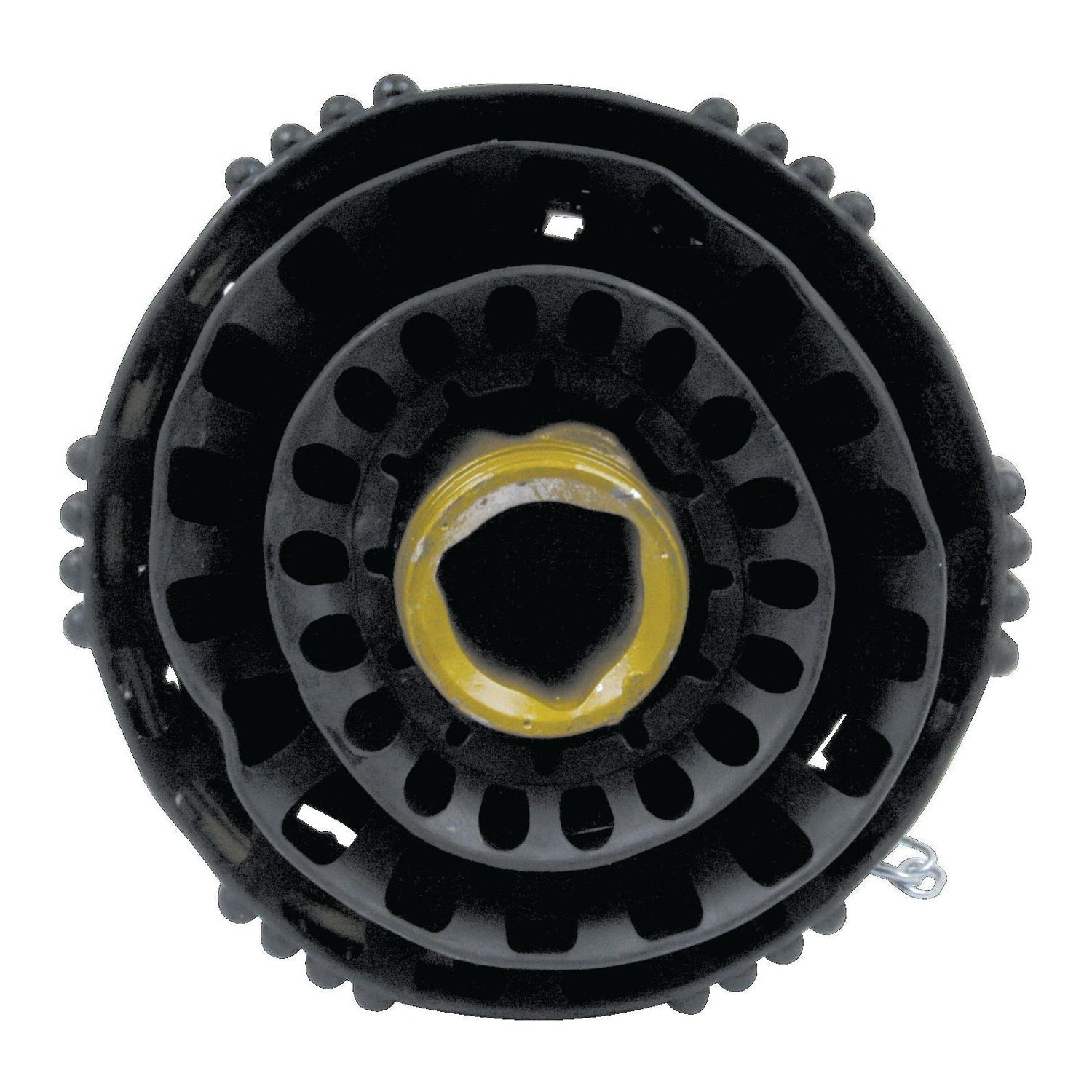Close-up of a black PTO Wide Angle Joint with multiple concentric rings and a yellow central component, part of the PGA Series by Sparex.