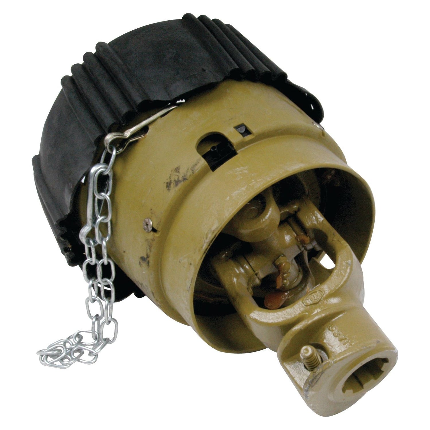Close-up of the Sparex PTO Wide Angle Joint (U/J Size: 27 x 75 & 24 x 91mm) with a triangle profile and black top cover, featuring chains and various components, part of the PTO Series.