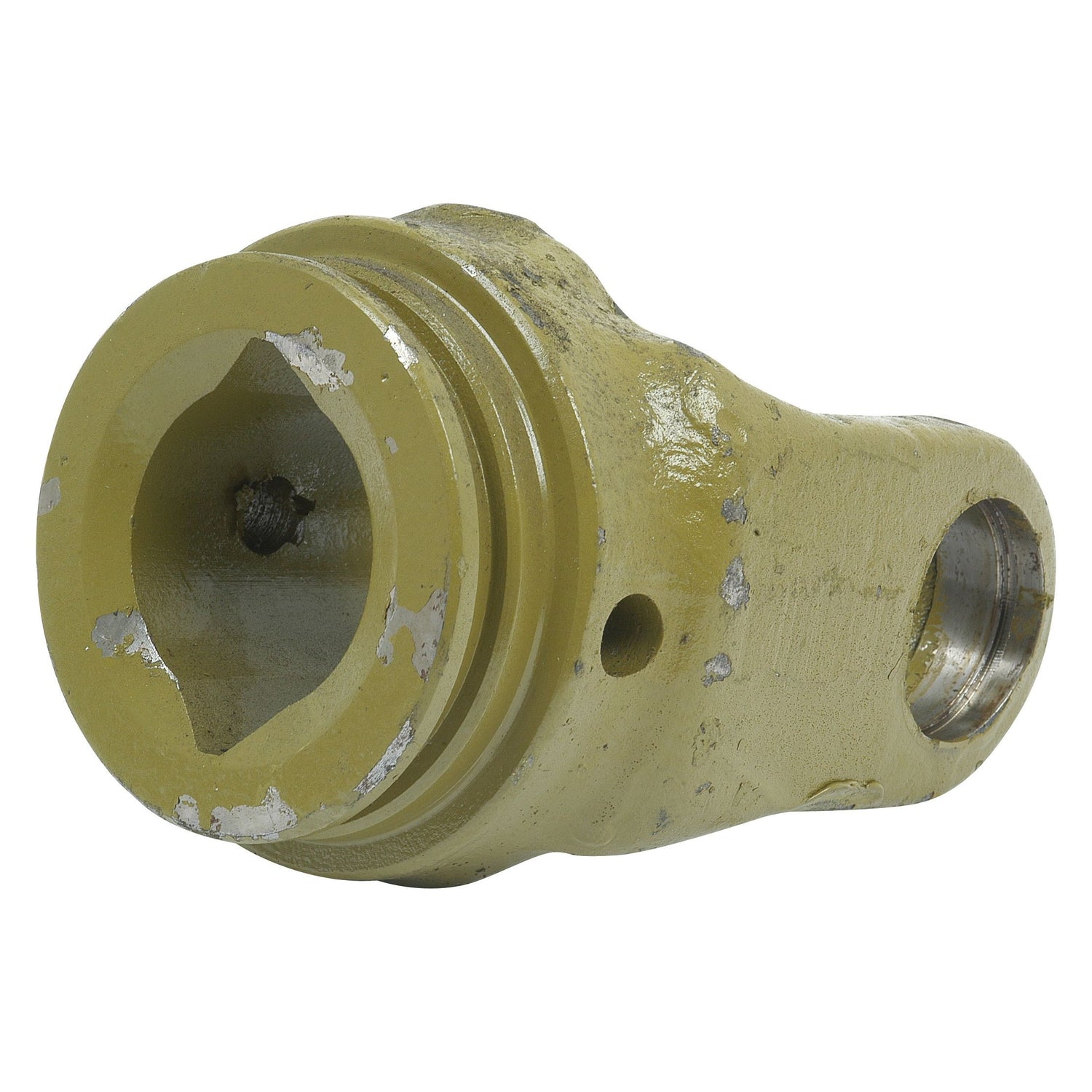 A close-up view of a worn, yellow-painted metal mechanical part with a cylindrical and hollow structure, featuring visible scuffs and a hole on one side. This component appears to be the PTO Wide Angle Tube Yoke (U/J Size: 32 x 76 & 27 x 94mm) from the Sparex brand (Ref: 1bGA), identified by Sparex Part No.S.6666 in their PTO Series.