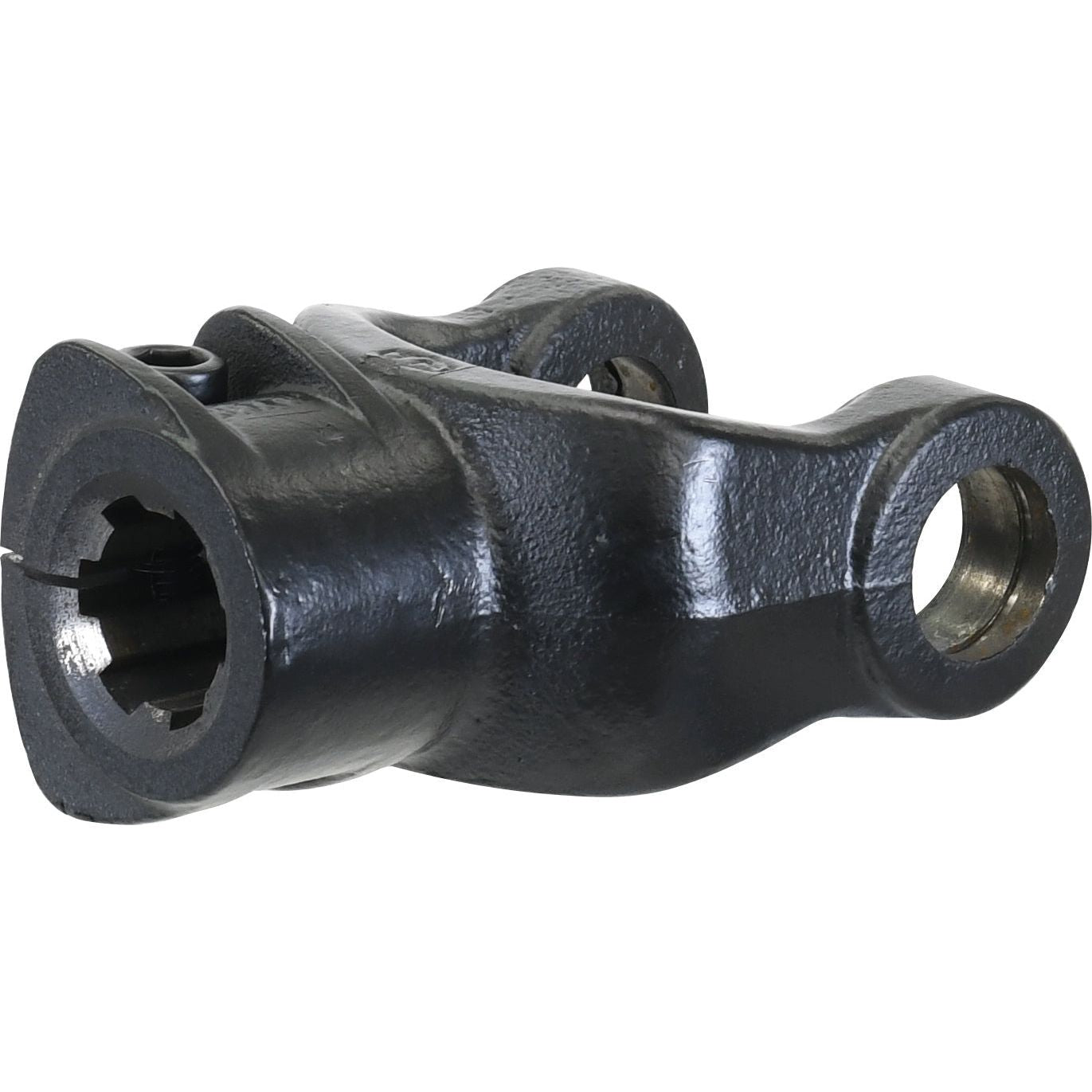 The Sparex PTO yoke - Interfering Clamp Bolt (Sparex Part No. S.7501) is a black, metal, L-shaped mechanical component with a hollow cylindrical slot on one end and a circular hole on the other end. This 1 3/8''-6 spline piece is designed to fit specific Universal Joint Dimensions (U/J Size: 22 x 54.8mm).