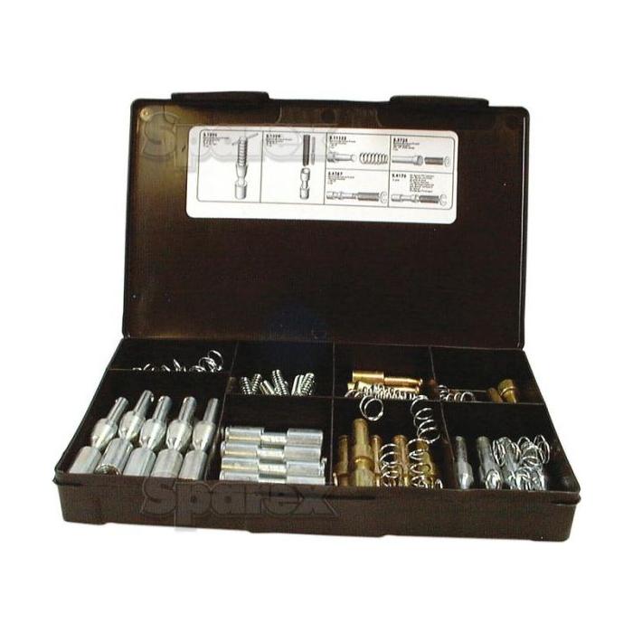 A black plastic case opens to display various metal components, including the Sparex PTO Yoke Pin Kit - (Handipak 38 pcs.) | Sparex Part No. S.6530, organized in compartments, with an instruction label on the inside of the lid.