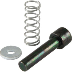 A metal spring, a Sparex PTO Yoke Pin (Pin Ø: 8mm | Part No. S.118939), and a flat metal washer are arranged on a white background.