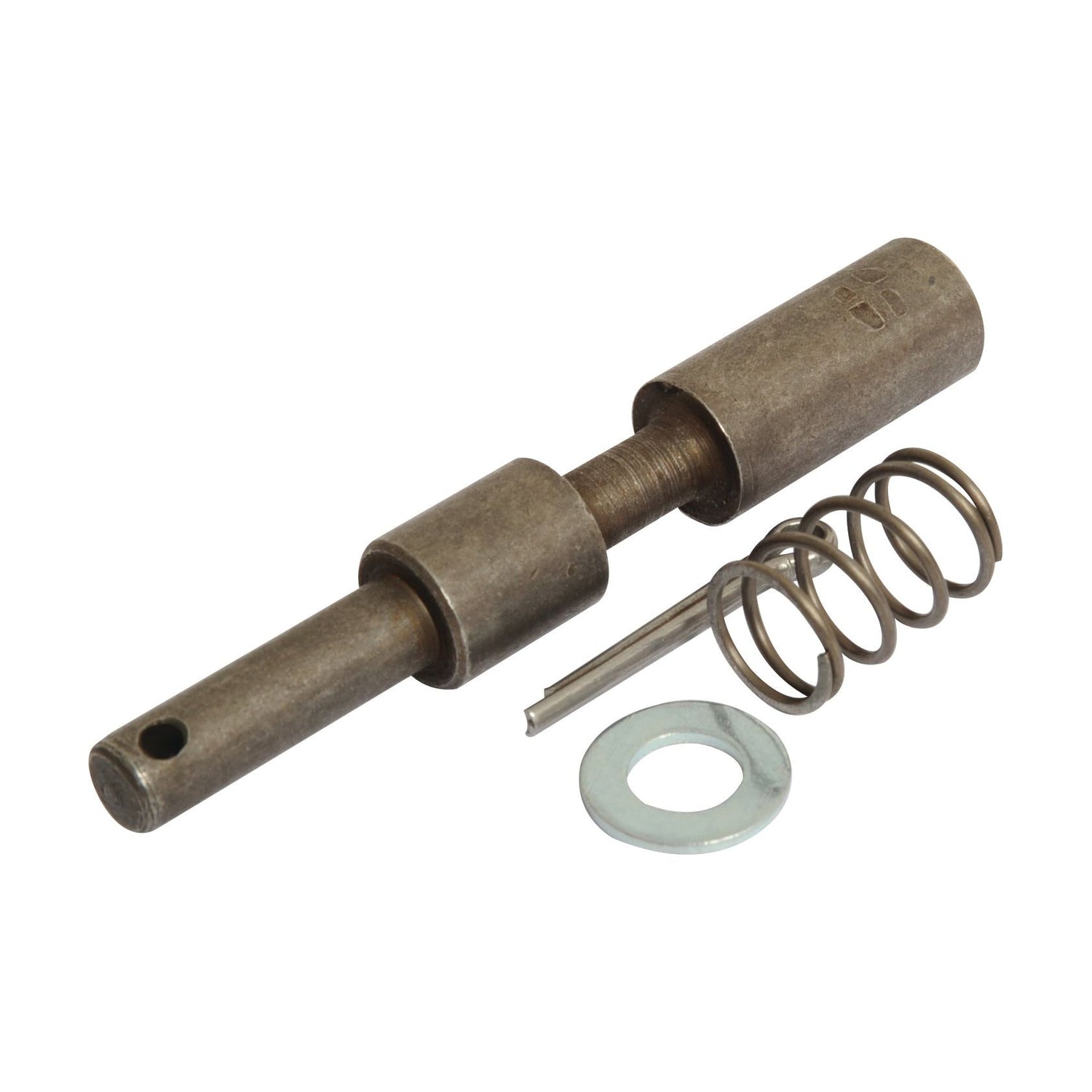 Metal components of machinery, including a Sparex PTO Yoke Pin (Pin Ø: 13mm) - Sparex Part No.S.14107, a rod with a threaded section, a spring, and a washer, are assembled on a white background.