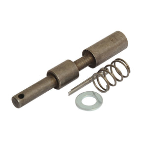 Metal components of machinery, including a Sparex PTO Yoke Pin (Pin Ø: 13mm) - Sparex Part No.S.14107, a rod with a threaded section, a spring, and a washer, are assembled on a white background.