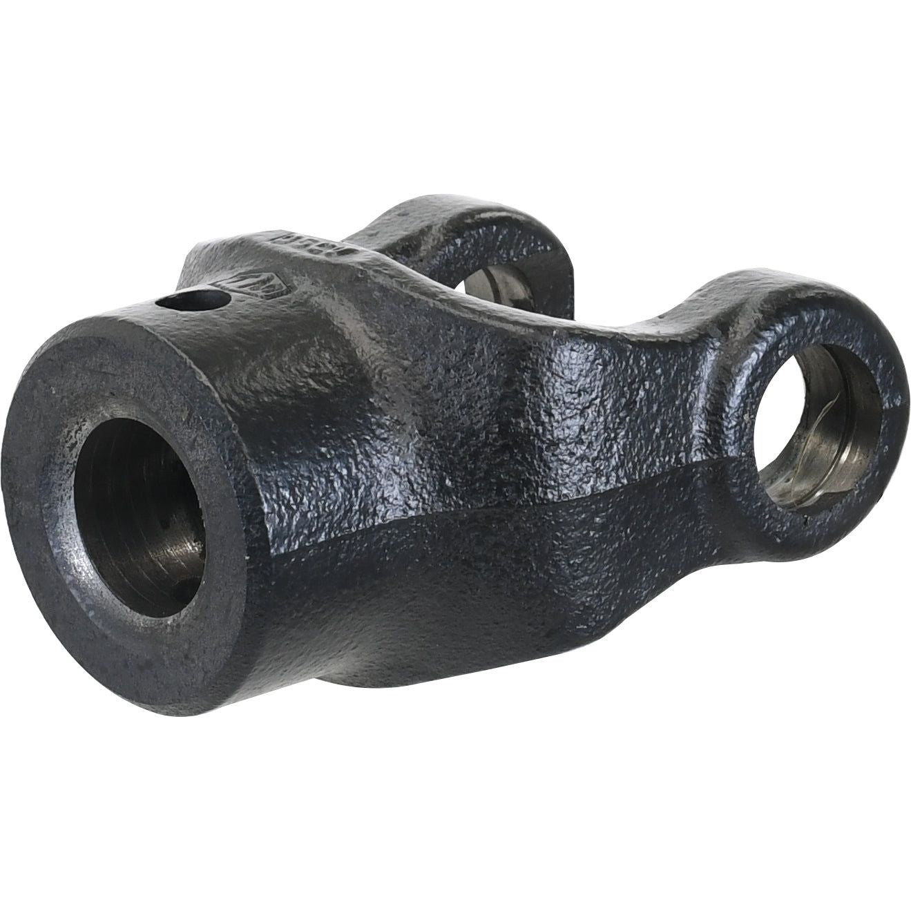 The PTO Yoke - Pinhole Yoke by Sparex, featuring cylindrical holes on each end and measuring 23.8 x 61.2 mm, has a 1'' bore and a pin diameter of 5/16''. This black metal component is compatible with the PTO Series and could be an essential element of a Universal Joint. The specific part number for this component is S.6133.