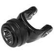 A black, metallic PTO Yoke - Quick Release, featuring a circular opening with a 1 3/8''-6 spline fitting in the center and a U-shaped bracket at the top, sized at 27 x 74.5mm and compatible with Weasler German Series dimensions, manufactured by Sparex (Part No. S.115439).