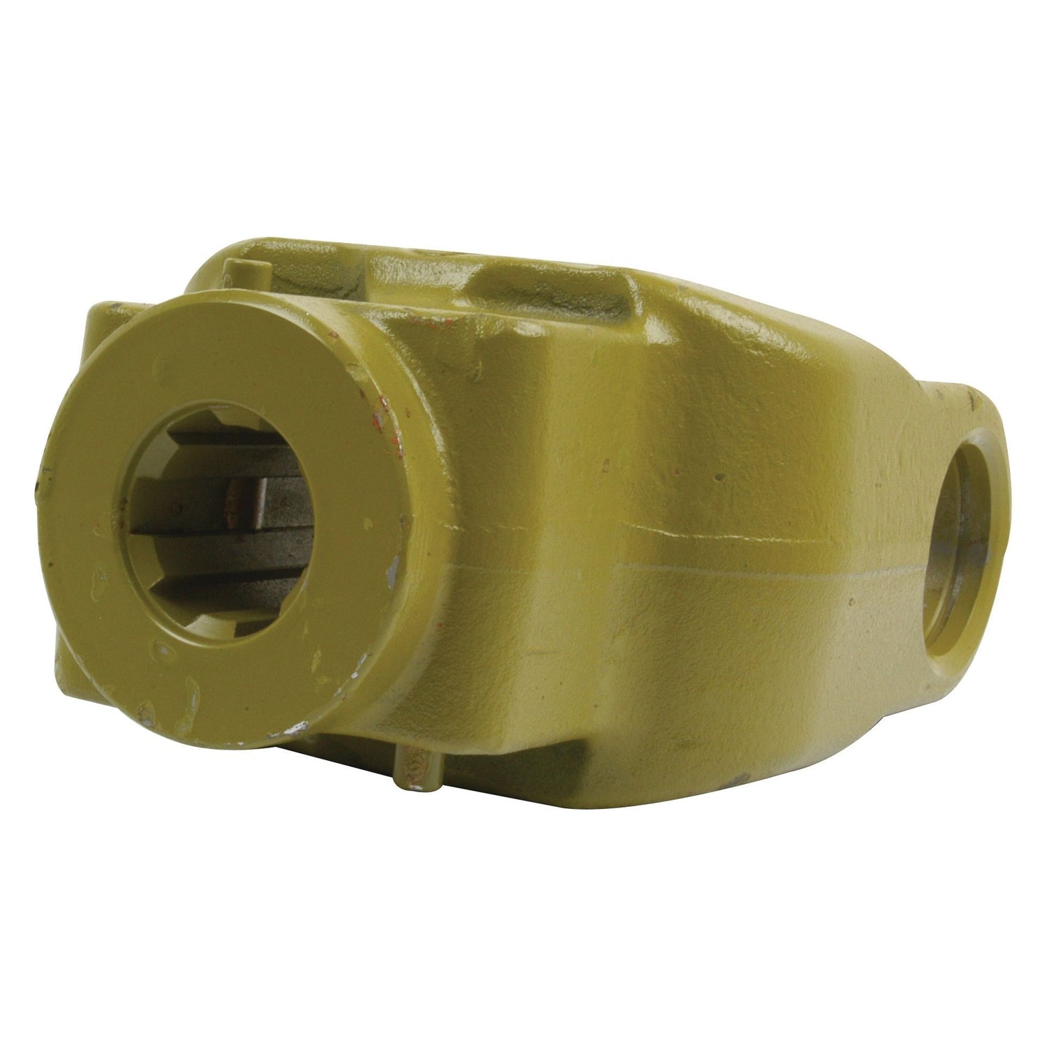 The Sparex PTO Yoke - Quick Release (U/J Size: 41 x 118mm), part number S.7550, features a yellow industrial finish with a cylindrical opening and a square cutout, specifically designed for connecting mechanical parts in the PTO Series. This model is compatible with 1 3/8''-6 spline configurations.
