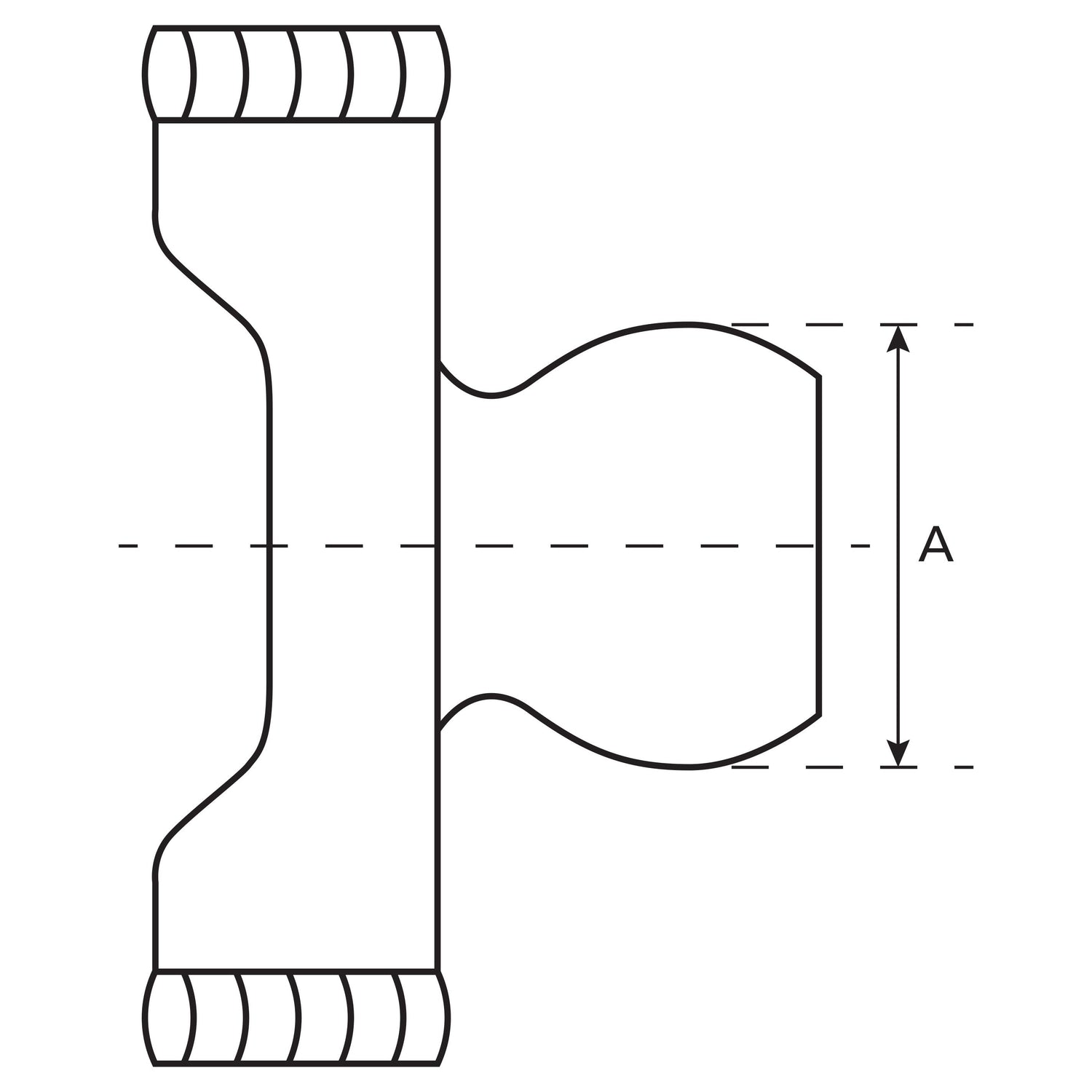 Diagram of a PTO Yoke - Quick Release Wide Angle (U/J Size: 32 x 76 & 27 x 94mm) Spline Type: 1 3/8''x 6 | Sparex Part No.S.117856. The image includes a labeled vertical dimension "A," indicating a specific measurement of the central opening. The yoke, from the Sparex brand, ensures versatile application options.
