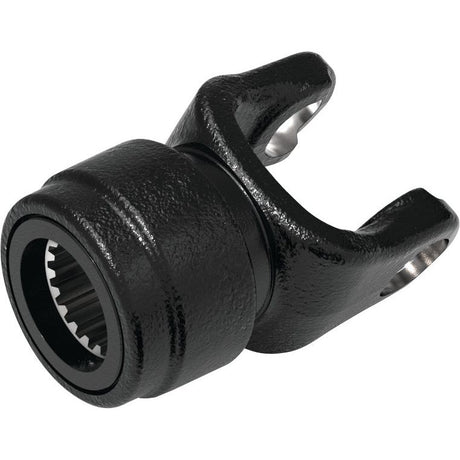 The Sparex PTO Yoke - Quick Release With Auto Lock (U/J Size: 42 x 104mm), sized at 1 3/8''-21 Spline and referenced by Part No. S.53559, is a black cast metal component featuring a circular opening on one end, two prongs on the opposite end, and an auto lock mechanism.
