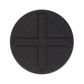 A circular black object with a raised, textured cross pattern in the center, often found among AGCO Massey Ferguson tractor parts, specifically known as Padding Black - 4270220M1.