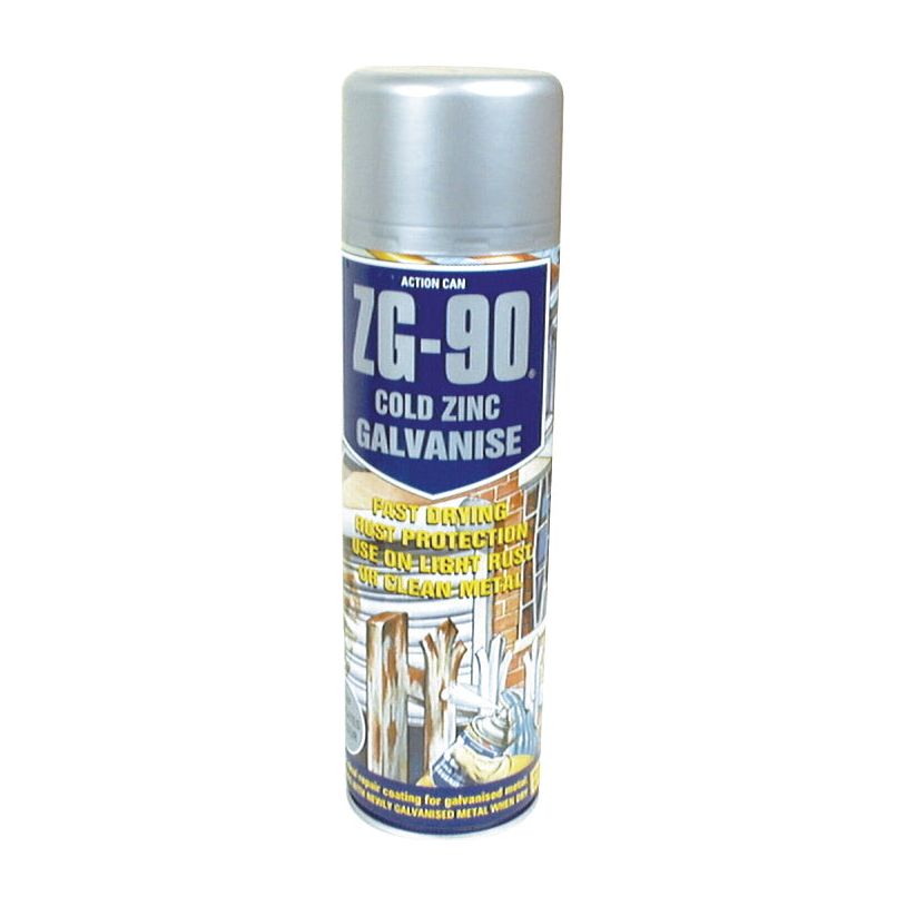 A 500ml aerosol can of Paint - Coating, Zinc (Sparex Part No.S.2379) by Sparex, designed for rust protection on various metals. The silver can features a blue label that details its purpose and use. This high-quality zinc coating ensures long-lasting durability and superior protection.