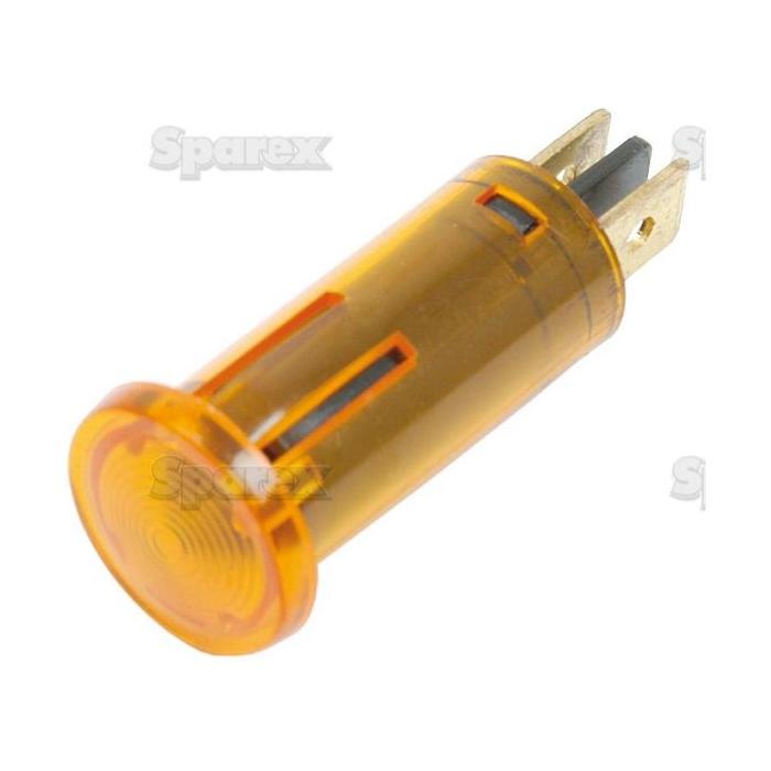 The Sparex Panel and Dashboard Light - Amber - S.1576 is a compact, cylindrical orange indicator light featuring two metal prongs and encased in a robust polycarbonate housing.
