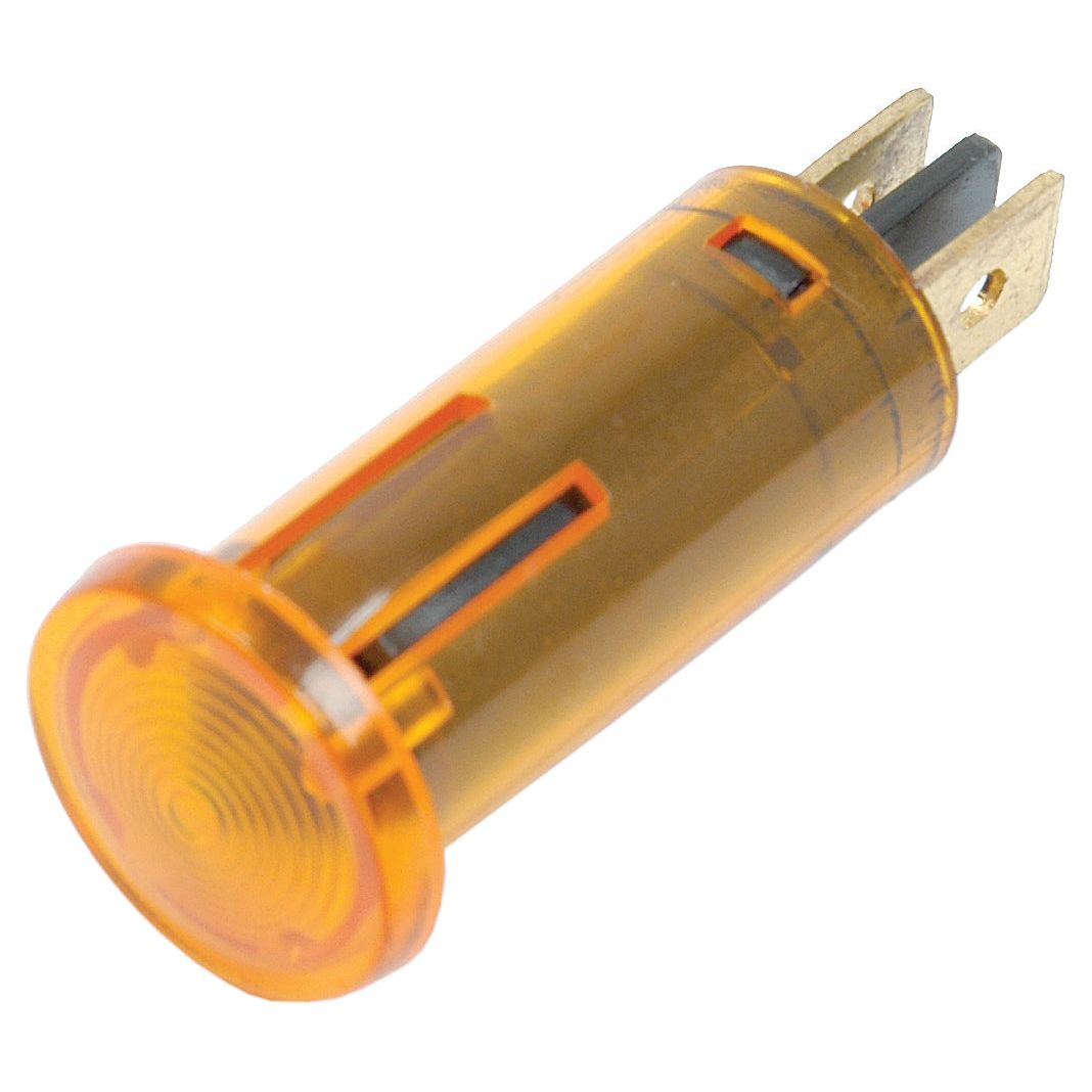 A Panel and Dashboard Light - Amber - S.1576 from Sparex, featuring an amber indicator light with a clear polycarbonate housing and metal prongs for electrical connection.