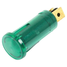 The Panel and Dashboard Light - Green - S.1575 by Sparex is a small green indicator with a transparent housing, rated at 12V, featuring two brass spade terminal prongs.