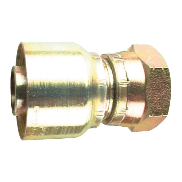 A close-up of the Sparex Parker BSP 60° Hose Insert (1/4'' x 1/4'' x 19 TPI; Female Straight Swivel - S.3120404) featuring a threaded hexagonal end and a smooth cylindrical body, showcasing product specifications for industrial use.