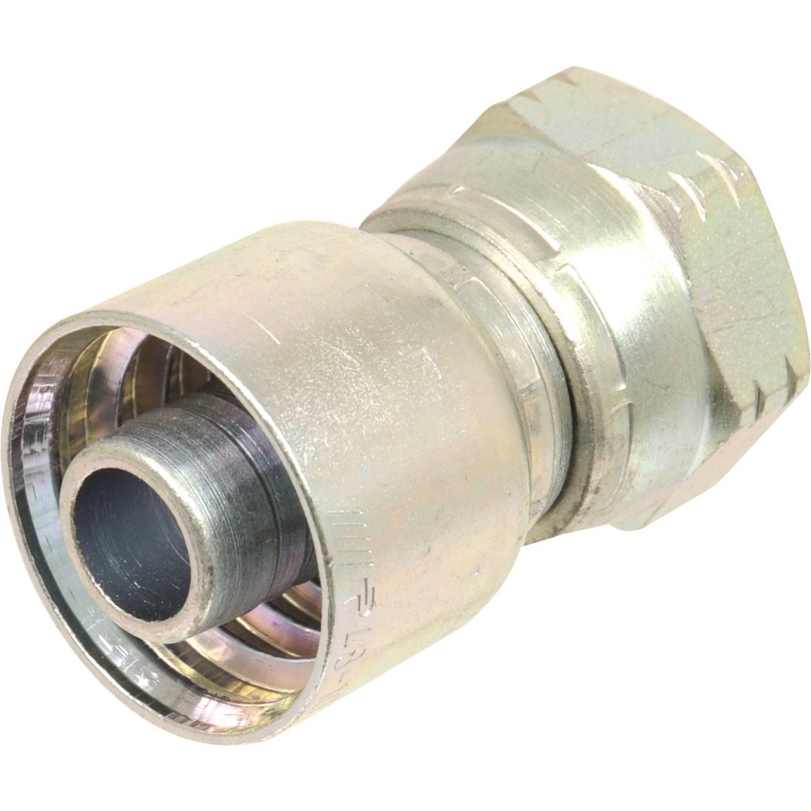 Close-up of a Parker BSP 60Â° Hose Insert 5/8'' x 3/4'' x 14 TPI, a metallic hydraulic hose fitting with a threaded end and a crimped collar, from the Sparex brand, suitable for various applications.