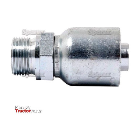 A shiny metal hydraulic fitting with a hexagonal nut and threaded ends, branded with "Sparex" and set against a backdrop featuring the "Massey Tractor Parts" logo, indicating it is a Parker BSP Hose Insert 3/4'' x 3/4'' x 14'' Male Straight - S.7111212.