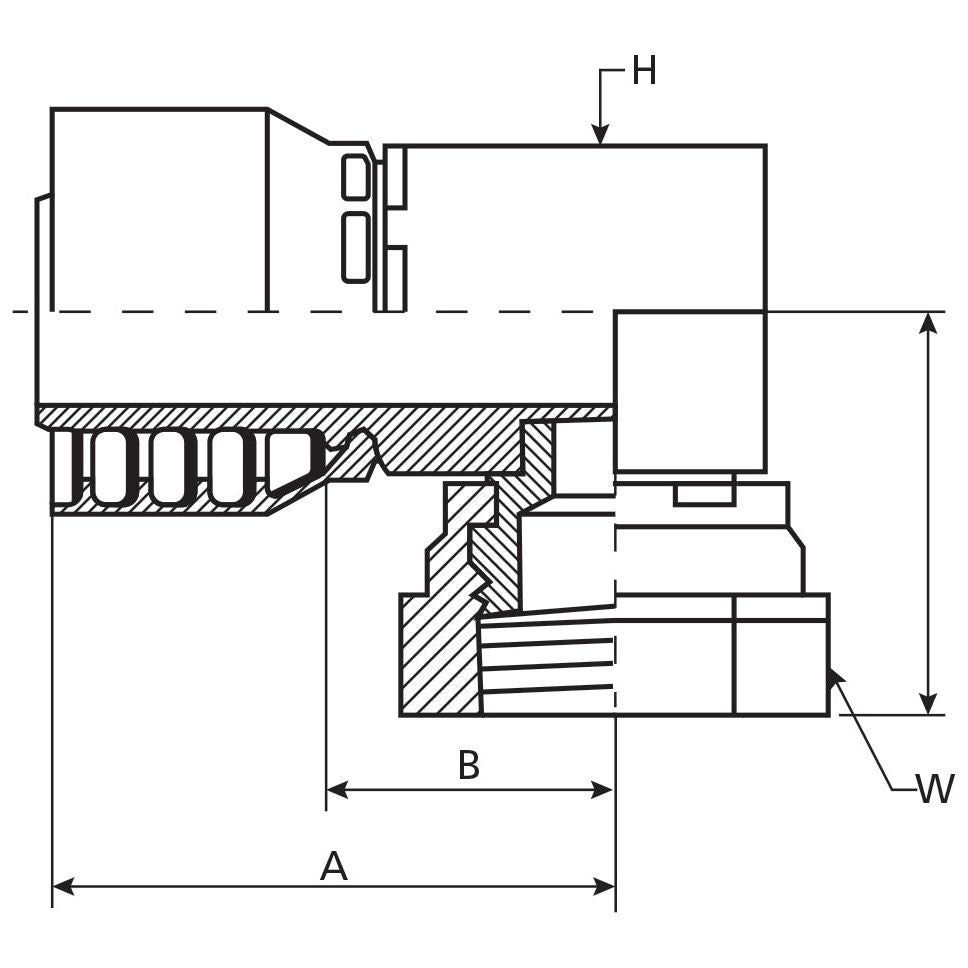 Technical drawing of the Parker BSP Hose Insert 3/8'' x 3/8'' x 19'' Female 90° Compact Swivel (S.3170606) by Sparex, with labeled dimensions: A, B, H, and W. Cross-sectional view shows internal components and connections. Suitable for manufacturing specifications.