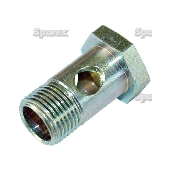 A close-up of a metal hydraulic Banjo Bolt M16 X 1.50 - 28mm, marked with the "Sparex" brand logo, featuring a hollow center and external threads on one end.