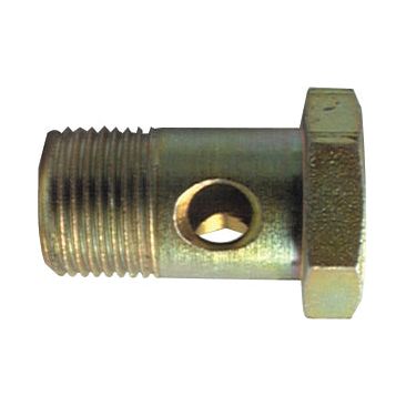 Close-up of a Sparex Banjo Bolt M18 X 1.50 - 32mm (Sparex Part No.S.3761832) with a threaded shaft and a single hole drilled through its midsection.