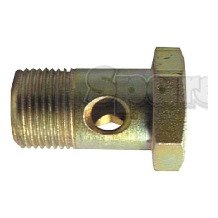 A hexagonal metal Banjo Bolt, featuring a threaded end and a hole through its cylindrical body, designed to M18 X 1.50 specifications and measuring 32mm in length. This bolt is produced by Sparex under Part No.S.3761832.