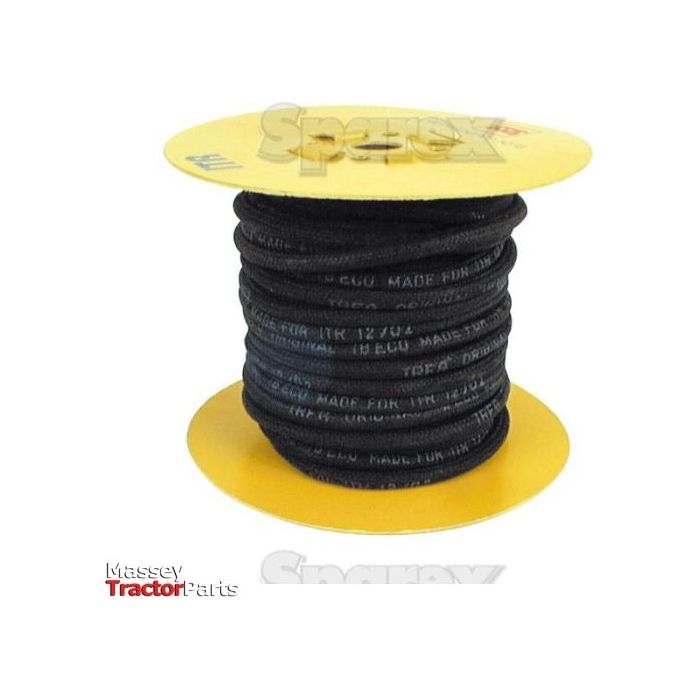 A spool of high tensile braided fuel hose, measuring 3mm x 7mm x 15M, is coiled on a yellow reel labeled "S.19154," with text "MADE IN UK" on the hose. The Massey Tractor Parts and Sparex logos are also visible in the image.
