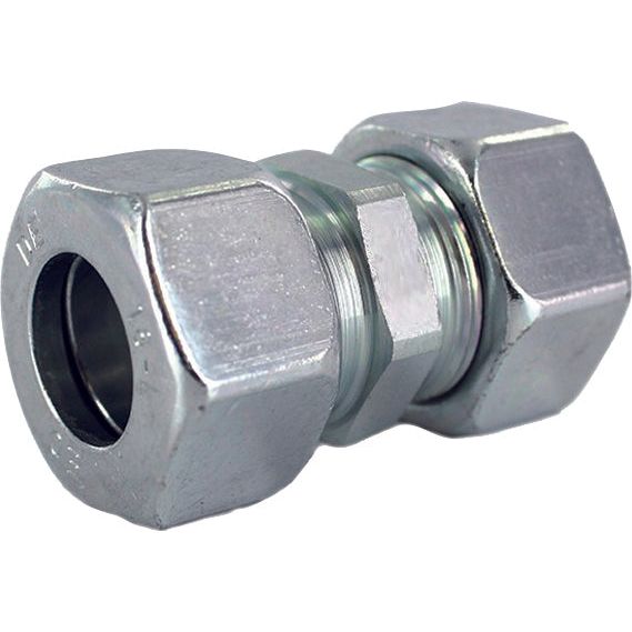 A close-up image of the Sparex COMP.FITTING EVGE10SRED3/8CF (Sparex Part No.S.50784) metal pipe coupling with hexagonal nuts at both ends.