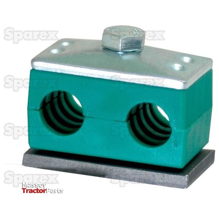 Image of the Sparex Series B Double Tube Clamp (Ref. RBP1-218), featuring 18mm green double tube openings and a metal top and bottom plate for securing tubes (Sparex Part No. S.54902).