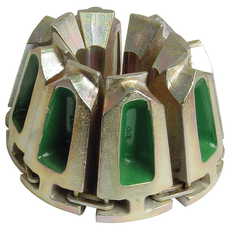 A metallic centrifugal clutch featuring green interior components and an outer ring with evenly spaced slots, designed for seamless integration with the Parker KarryKrimp Die Set 70 Series Green (83C-D12) by Sparex (Part No.S.7001212).