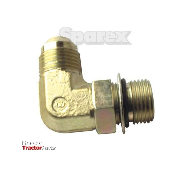 Introducing the Hydraulic Adaptor 3/4'' JIC male - 3/4'' JIC 90-degree male (Sparex Part No. S.52155), a brass elbow fitting designed with two male-threaded ends for efficient hydraulic connections. The top left of the product proudly displays the "Sparex" name, while the bottom left showcases "Massey Tractor Parts" in striking red and black text. This compact and reliable elbow adaptor is ideal for various hydraulic applications.