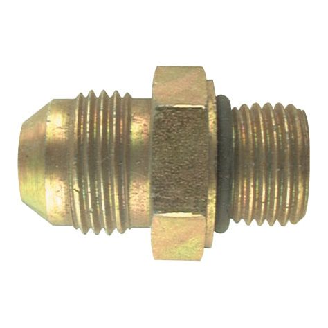 The Sparex Hydraulic Adaptor 3/4'' JIC male - male18 male (Part No. S.52152) is a brass hexagonal fitting with ridged threads on both ends and a black O-ring in the middle, designed to serve as a metric O Ring Boss hose adaptor.