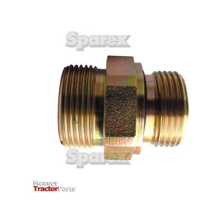 A hydraulic adaptor featuring a brass finish with threads on both ends is displayed against a white background, showcasing the brand name "Sparex" and the text "Massey Tractor Parts" in the image. This ORFS 3/8'' BSP male to ORFS 13/16'' UNF male fitting, known as Sparex Part No.S.50870, exemplifies precision and is ideal for various Parker hydraulic systems.