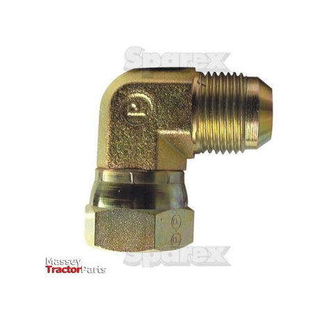 The image showcases the Sparex branding with text "Massey Tractor Parts" and features a brass hydraulic adaptor with a 90-degree elbow design. This adaptor has a 7/16'' JIC male threaded end and a compact female hose connection, designated as Sparex Part No. S.35080, serving effectively as a JIC male to female hose adaptor.