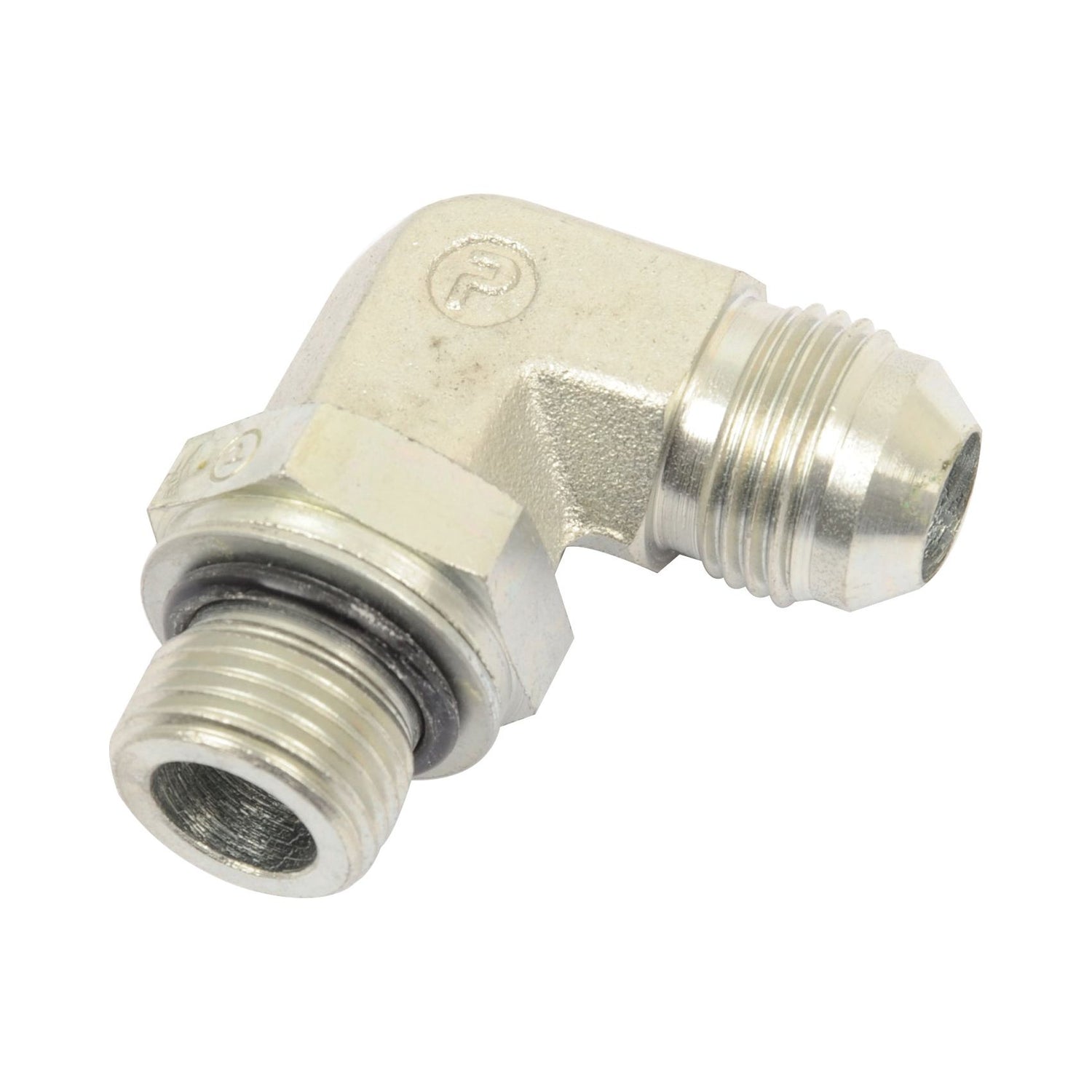Sparex Hydraulic Adaptor M18 male - 3/4''JIC 90 compact male, featuring a 90-degree angle with M18 male threads on both ends and an O-ring near one of the connections. Suitable for plumbing or hydraulic applications, this piece is ideal for use in Massey Ferguson systems. Sparex Part No.S.43547.