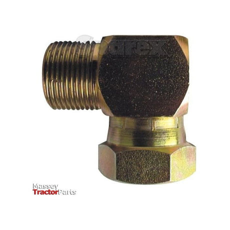 A 90° compact elbow fitting with BSP male to female threaded ends, typically used for connecting pipes or hoses, seen against a white background. The text reads "Hydraulic Adaptor 3/4'' BSP male - 3/4'' BSP 90compact female | Sparex Part No. S.4696" by Sparex Massey Tractor Parts.