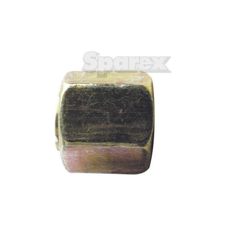 A hydraulic blanking cap adaptor in brass color with slight surface wear, featuring the faintly visible word "Sparex" in the background. It resembles a component that could be associated with PARKER HANNIFIN or used as a 7/16'' JIC blanking cap. This specific part is listed under Sparex Part No.S.52159.