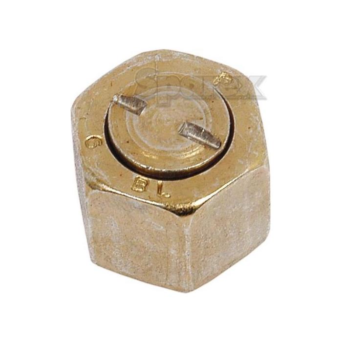 Close-up of the Sparex Hydraulic Blanking Cap Adaptor ORFS 11/16''UNF (Sparex Part No. S.20858), featuring a brass locknut with a hexagonal shape and a slotted, round center, compatible with 3/8'' hose fittings.