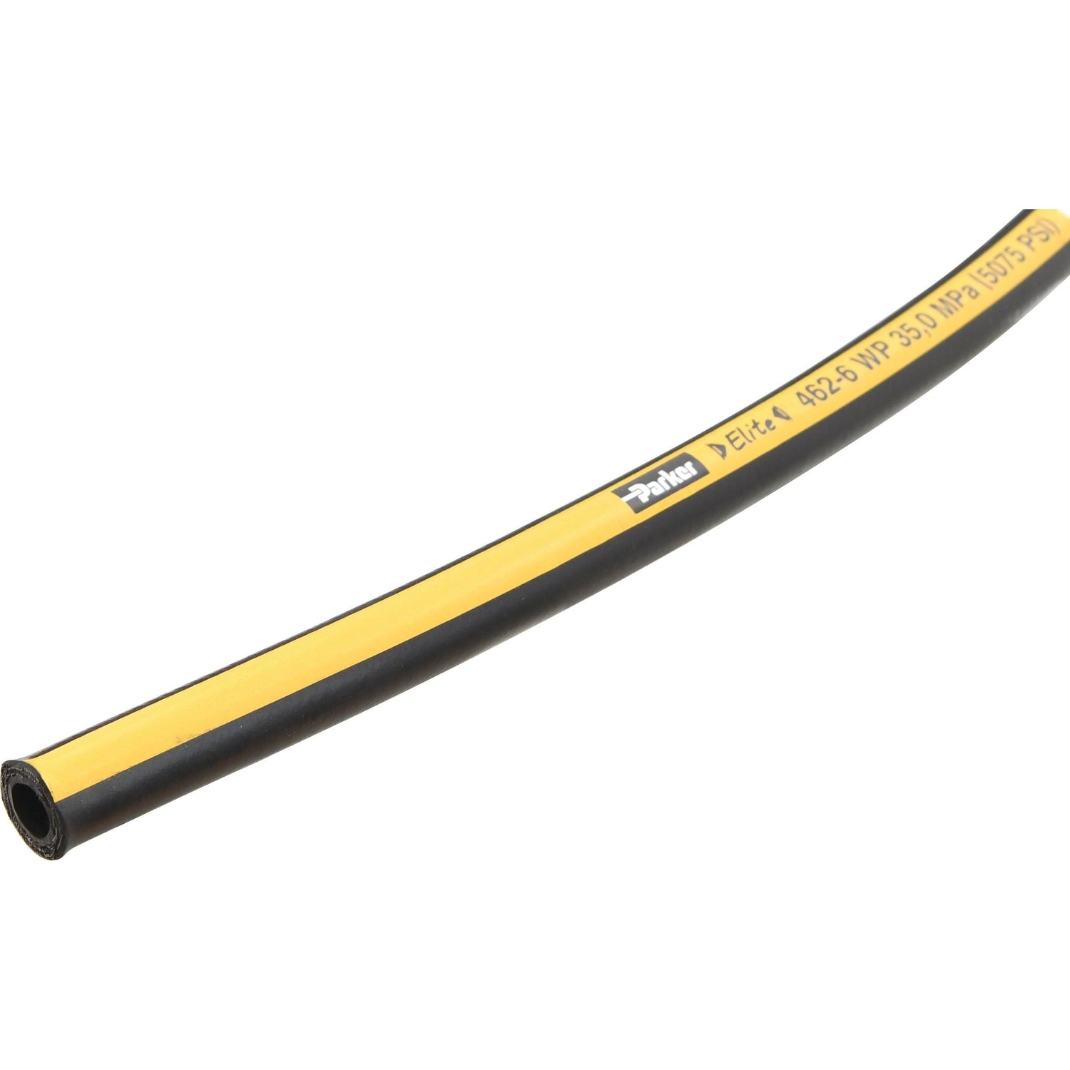 The Sparex Parker Hydraulic Hose - 3/8'' 2SC 2 Wire Compact (Reel), labeled with "Parker Elite 6528," features a yellow and black rubber design. It boasts specifications of "WP 35.0 MPa 3509 PSI" and meets the EN857-2SC standards, ensuring a robust build.