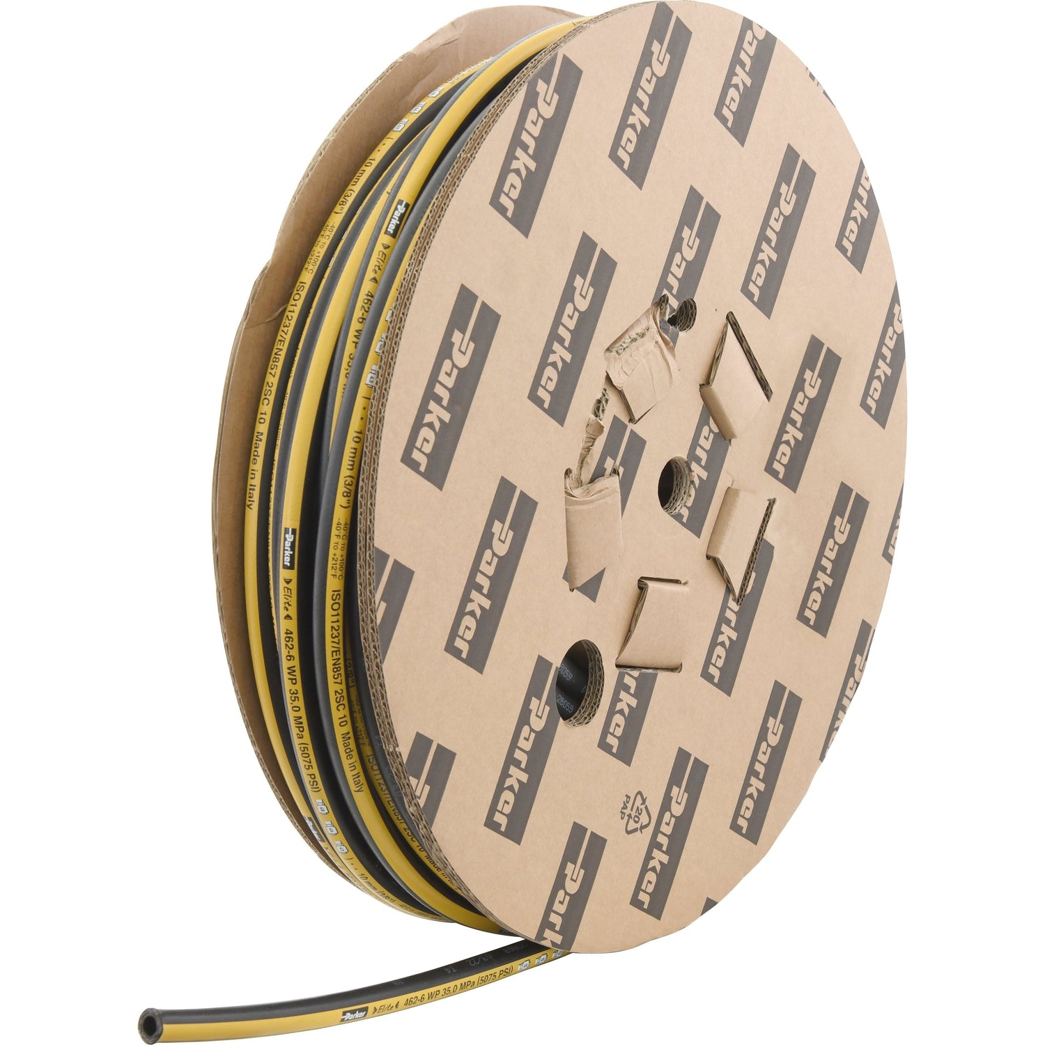 A coiled reel of black and yellow Parker Hydraulic Hose - 3/8'' 2SC 2 Wire Compact, adhering to the EN857-2SC standard, from Sparex Part No. S.1080206, is neatly packaged in cardboard.