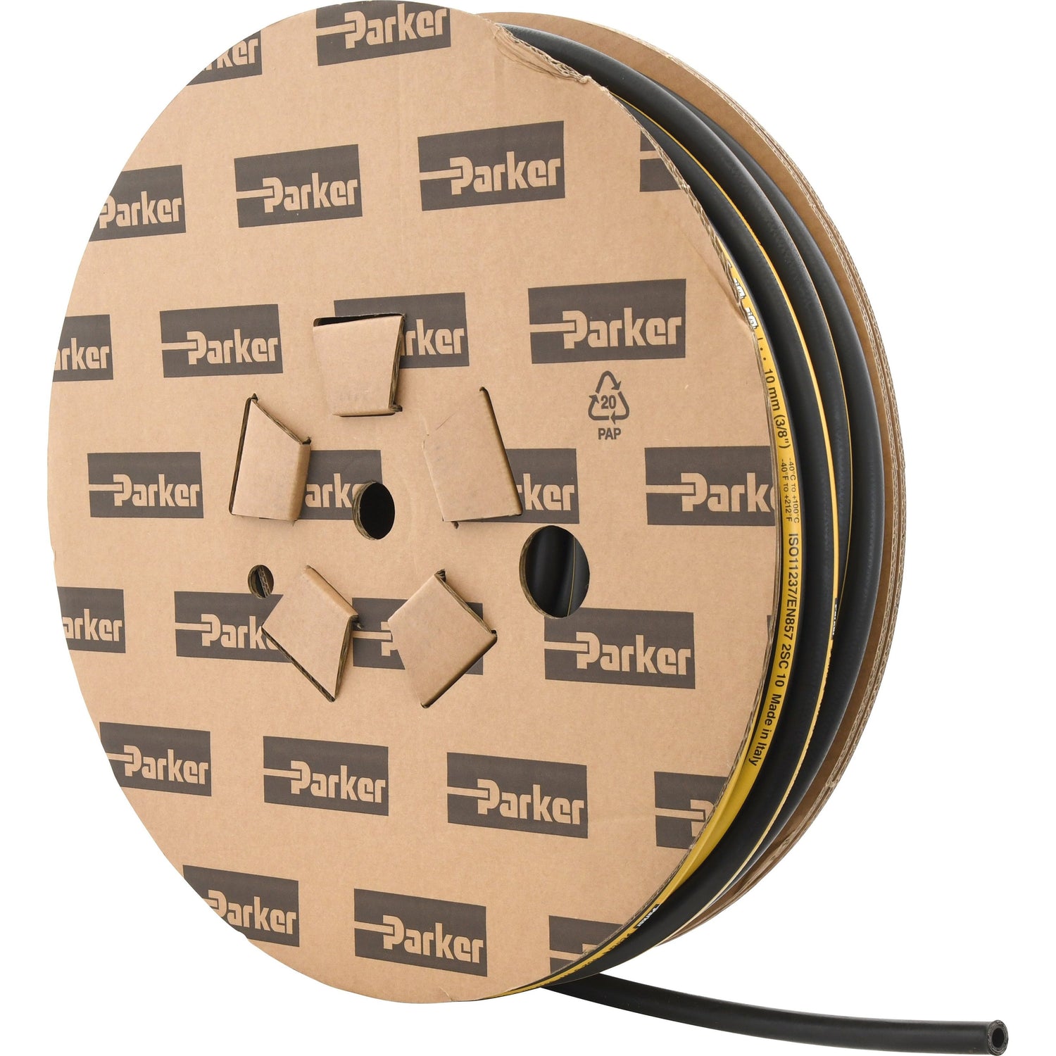 Large reel of Parker Hydraulic Hose - 3/8'' 2SC 2 Wire Compact wrapped in cardboard packaging, labeled "Sparex Part No.S.1080206".