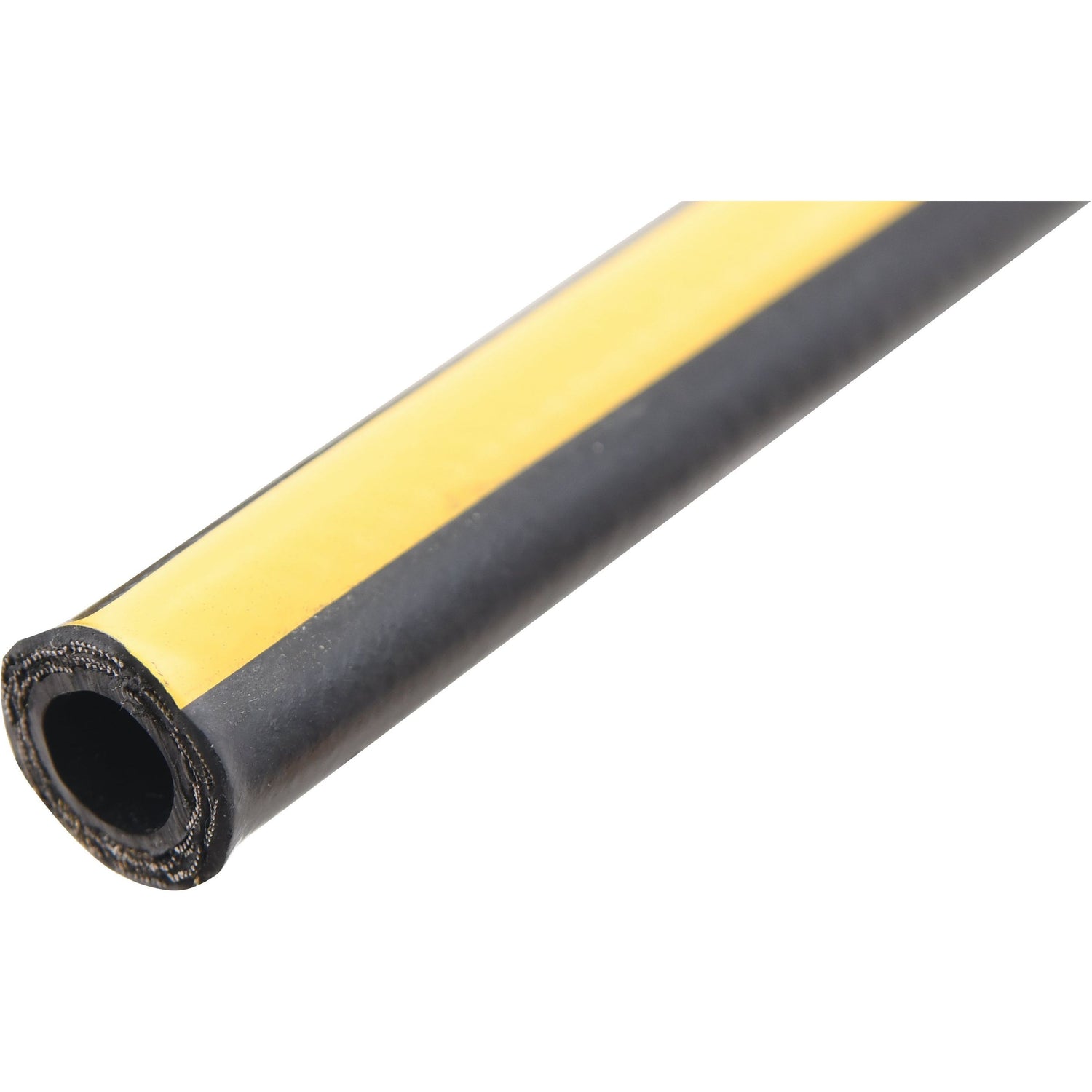 Close-up of a cylindrical object with black and yellow stripes and a hollow center, resembling a Parker Hydraulic Hose - 3/8'' 2SC 2 Wire Compact (Reel), Sparex Part No. S.1080206.