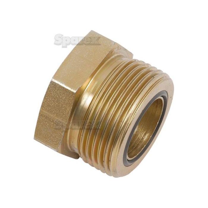 A Sparex Hydraulic ORFS Blanking Plug 1.7/16'' UNF (Sparex Part No. S.20868) is an ideal brass fitting with a hexagonal head, a black rubber seal, and a threaded end designed for connecting to hoses with the specified internal diameter.