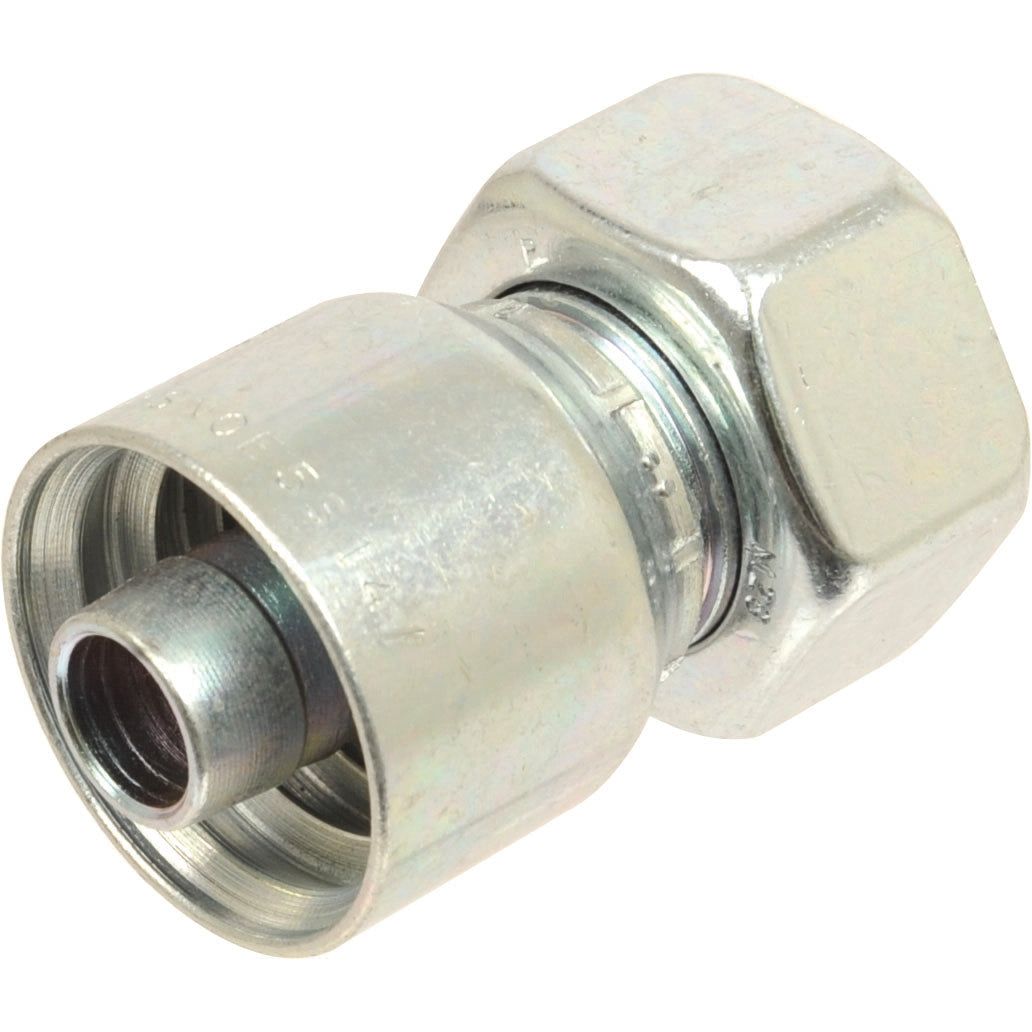 Close-up of a Parker Metric Hose Insert 1/2'' x M26 x 1.50 (18L) Female Straight Swivel Light Series - S.3322608 by Sparex, showcasing its precision manufacture, suitable for connecting two pipes or tubes.