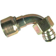 The Parker Metric Hose Insert 1/4'' x M18 x 1.50 Female 90° Swept Swivel Light Series - S.3331804 by Sparex is a metallic hose fitting featuring a bent elbow design and threaded ends, suitable for various applications.